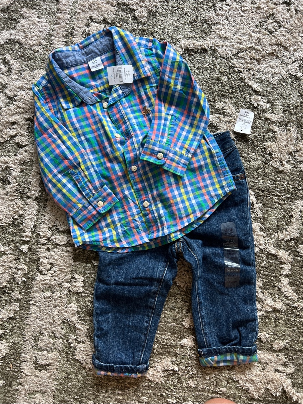 Baby GAP Plaid Button-Down Shirt in Blue, Green & Yellow w Jeans